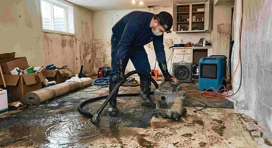 Protected technician cleaning a sewage backup in a Denham Springs home