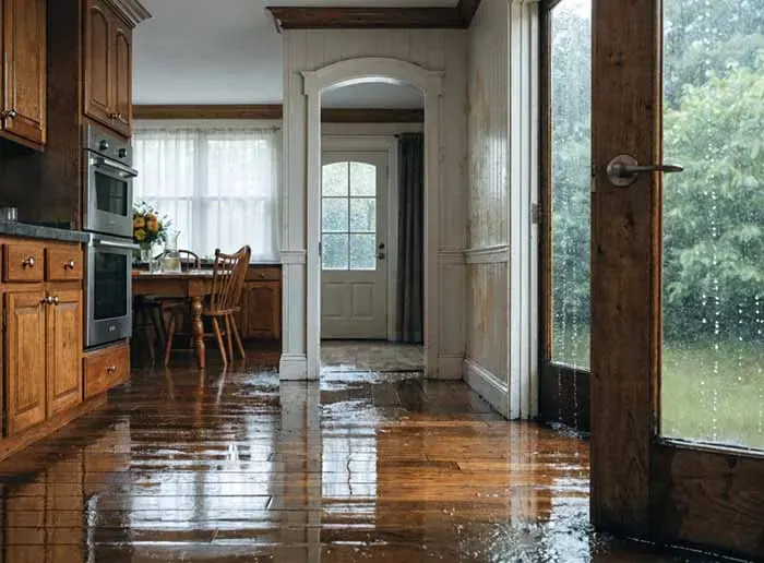Water damage on a slab floor from an under-slab supply leak in Denham Springs