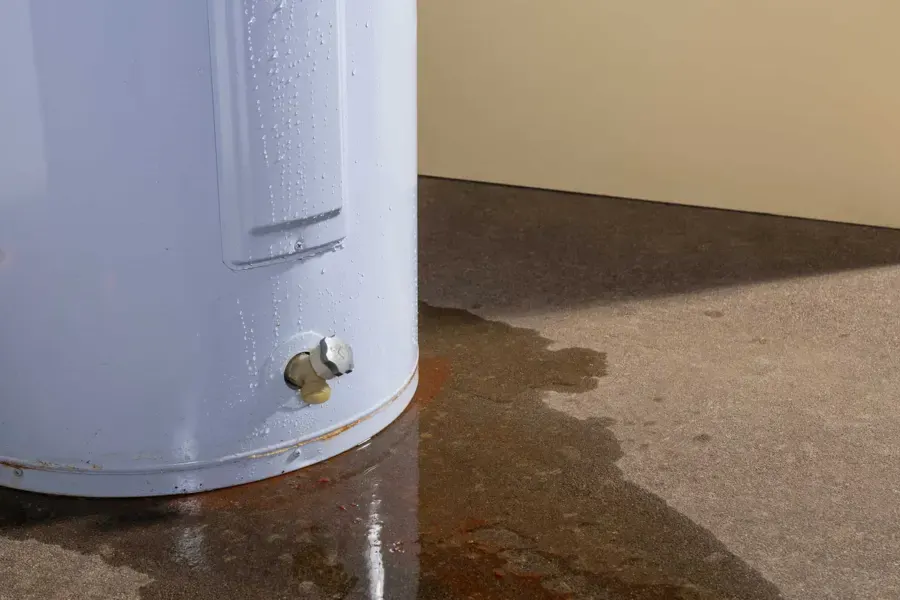 Water pooled around a failed water heater in a Denham Springs utility room